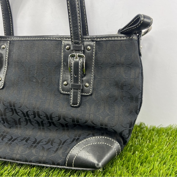 Fossil Black Leather Monogrammed Fabric Canvas Small Tote Satchel Handbag Purse - Picture 3 of 14